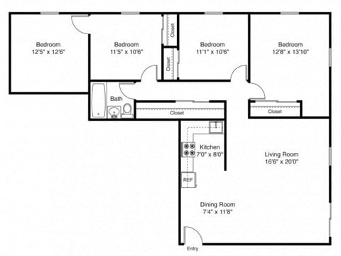 Floor plan for 4 beds, 1 bath, 1800 sqft